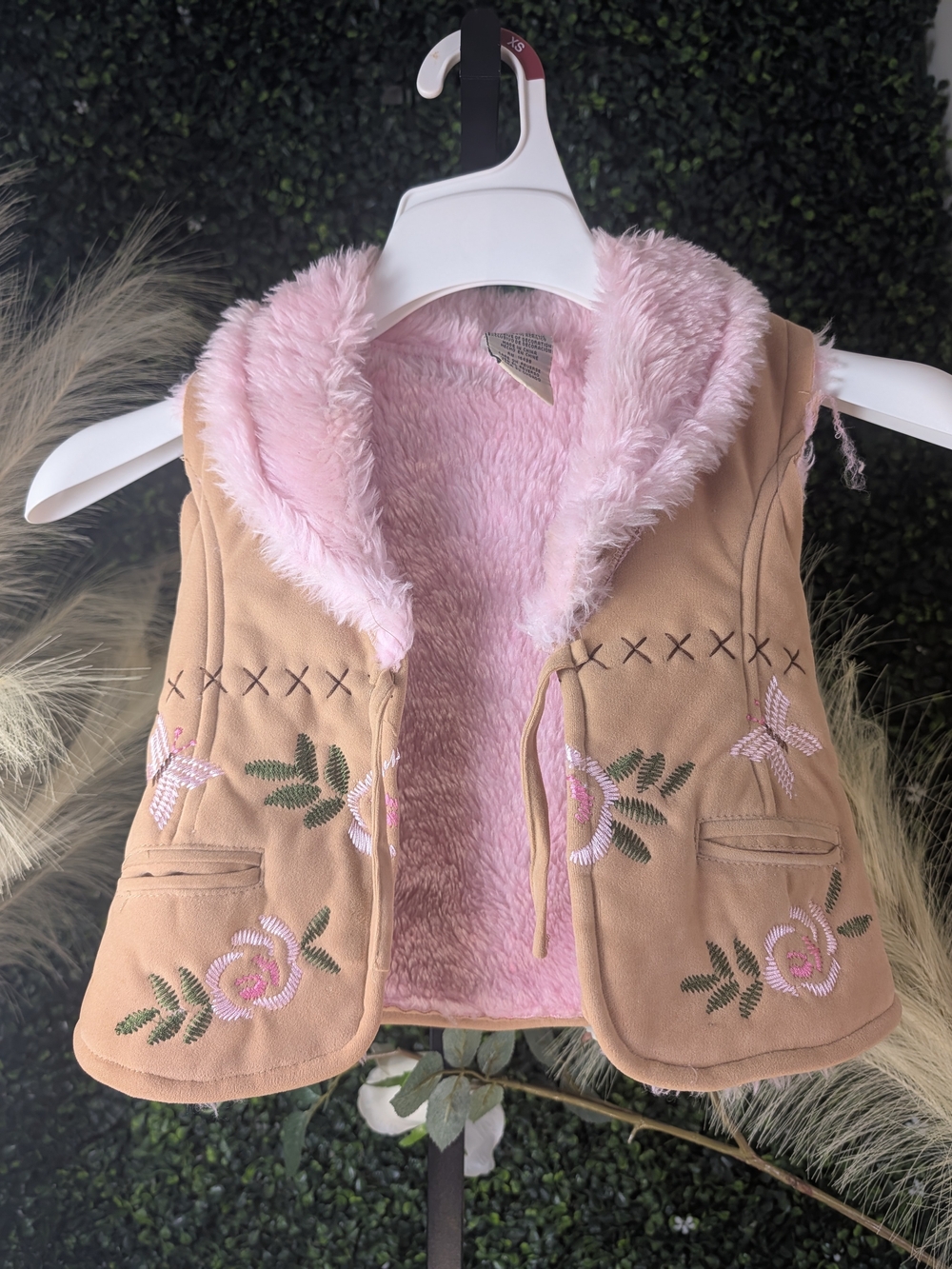 Girls Tan Faux-Suede Vest with Pink Faux-Fur Lining